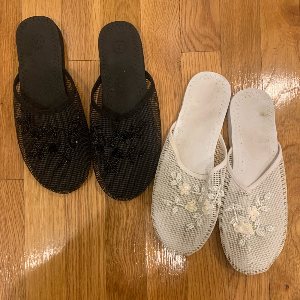 UO Black + White Mesh Sequin Slide Slippers